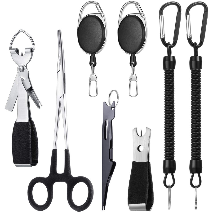 8 Pieces Fly Fishing Tools Accessories Include 4 in 1 Fly Line Clipper Black Knot Tyer Fishing Line Nipper Fishing Hook Remover Forcep Retractors Keychains and Fishing Lanyard for Anglers