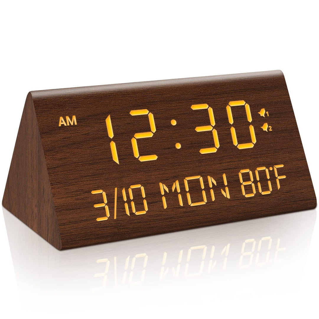 Wooden Digital Alarm Clock, 0-100% Dimmer, 2 Alarm Settings, Weekday/Everyday Mode, 9 Mins Snooze, 12/24H, Temperature and Date Display for Office, Travel, Bedroom Alarm Clock (Brown)