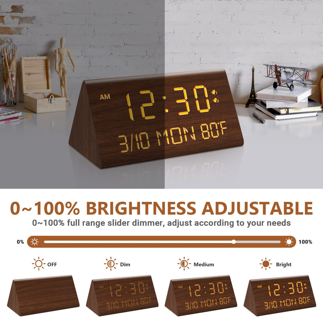Wooden Digital Alarm Clock, 0-100% Dimmer, 2 Alarm Settings, Weekday/Everyday Mode, 9 Mins Snooze, 12/24H, Temperature and Date Display for Office, Travel, Bedroom Alarm Clock (Brown)
