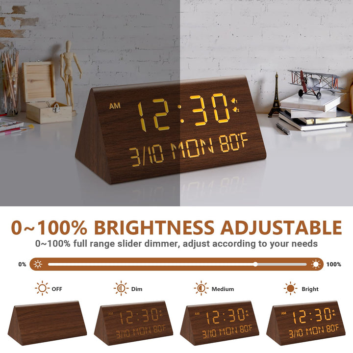 Wooden Digital Alarm Clock, 0-100% Dimmer, 2 Alarm Settings, Weekday/Everyday Mode, 9 Mins Snooze, 12/24H, Temperature and Date Display for Office, Travel, Bedroom Alarm Clock (Brown)