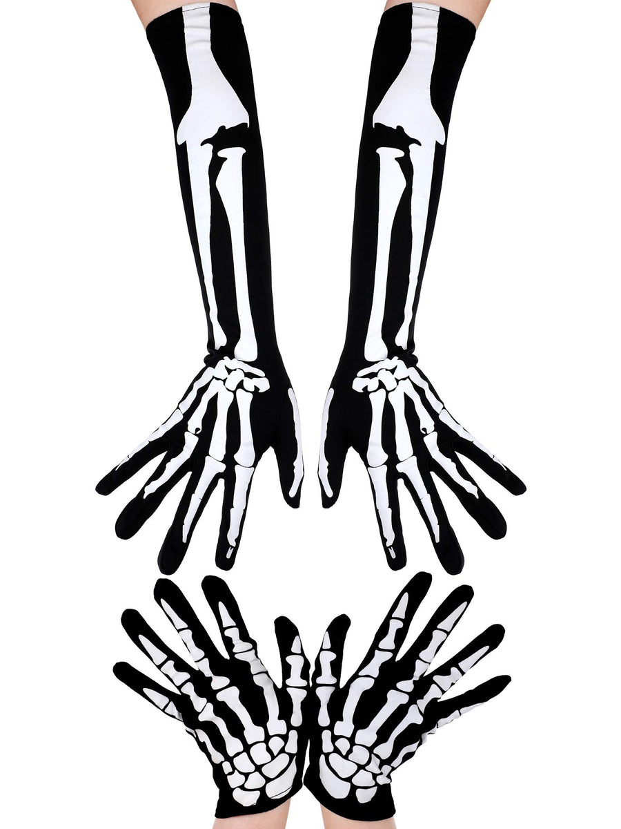 2 Pairs Halloween Skeleton Gloves Long Short Skull Claw Ghost Bone Gloves for Halloween Cosplay Party Props