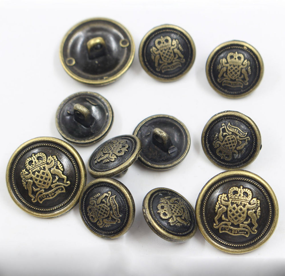 11 Piece Antiqued Bronze Metal Blazer Button Set - Crown Lion- for Blazer, Suits, Sport Coat, Uniform, Jacket(Bronze)