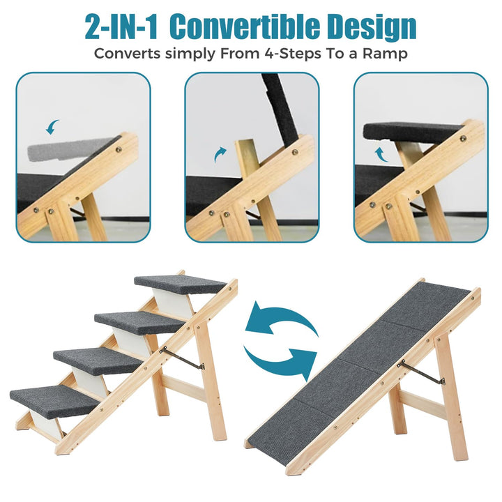 Wooden Dog Stairs/Steps - Foldable 4 Levels Pet Stairs & Ramp Perfect for Beds and Cars - Portable Dog/Cat Ladder Up to 110 Pounds
