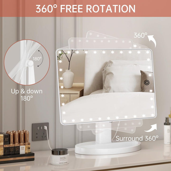 Large Lighted Vanity Makeup Mirror (X-Large) with 35 LED Lights, Touch Screen Dimmable and 10X Magnification Dual Power Supply 360°Rotation Tabletop Cosmetic Mirror