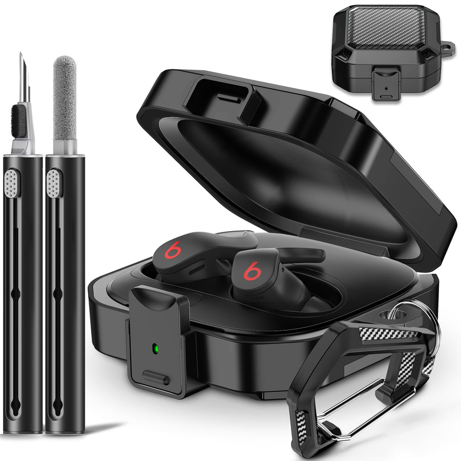 with Anti-Drop Lock Carbon Fiber Beats Fit Pro Case Cover 2021,Shock-Absorbing Beats Fit Pro 2 Protector with Accessories Keychain/Zipper Storage Bag/Cleaner Brush/Portable Wrist Strap - Black