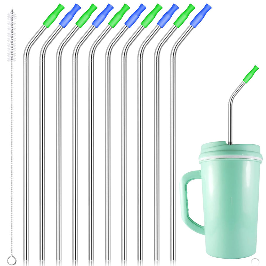 10 Pieces 14 Inch Stainless Steel Straw Extra Long Reusable Bent Straw for 100 oz Tumblers with 10 Silicone Tips and 1 Cleaning Brush for Tall Cups, Wide Insulated Travel Mug(Silver)