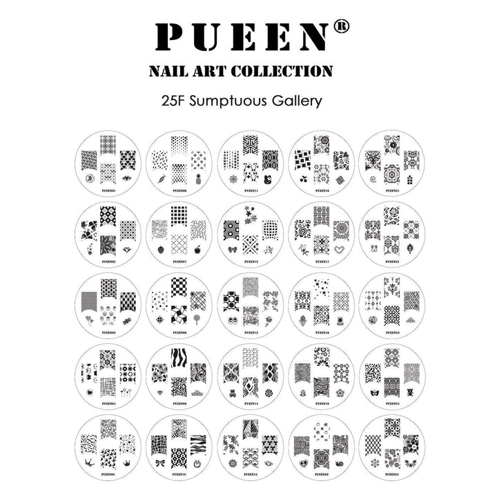 Nail Art Stamp Collection Set 25F - NEW Unique Set of 25 Nailart Polish Stamping Manicure Image Plates Accessories Kit (Totaling 150 Images) - New Batch with Display & Storage Case-BH000019