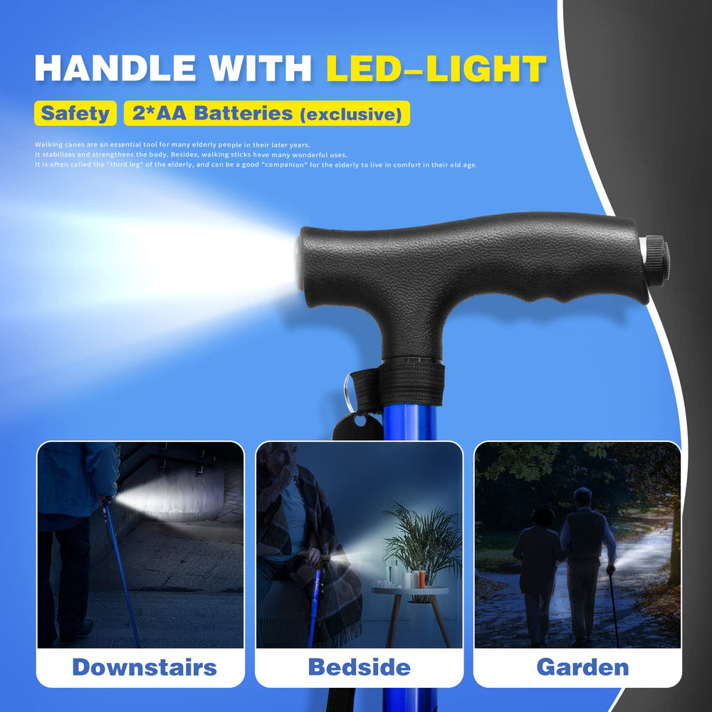 Folding Walking Cane with LED Light,Pivoting Quad Base,Adjustable Walking Stick with Carrying Bag for Men/Women