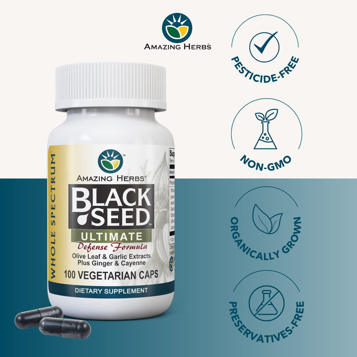 Whole Spectrum Black Seed Ultimate, Vegetarian Capsules - Olive Leaf & Garlic Extracts Plus Ginger & Cayenne, Gluten Free, Non GMO, Vegan - 100 Count