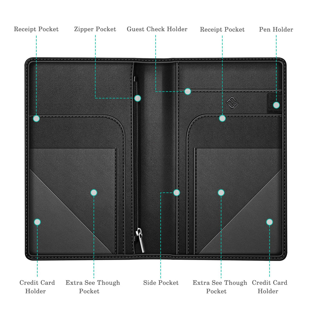 Server Book Organizer with Zipper Pocket, PU Leather Restaurant Guest Check Presenters Card Holder for Waitress, Waiter, Bartender (Black)