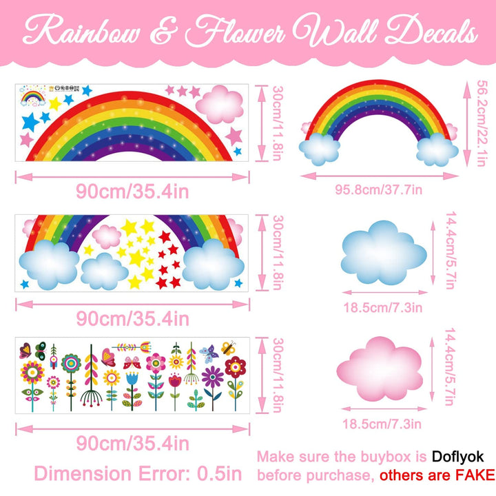 3 Sheets Rainbow Wall Decal Rainbow Wall Sticker, Large Removable Rainbow Butterflies Clouds Star Flower Wall Decals for Nursery Kids Girls Bedroom Decor