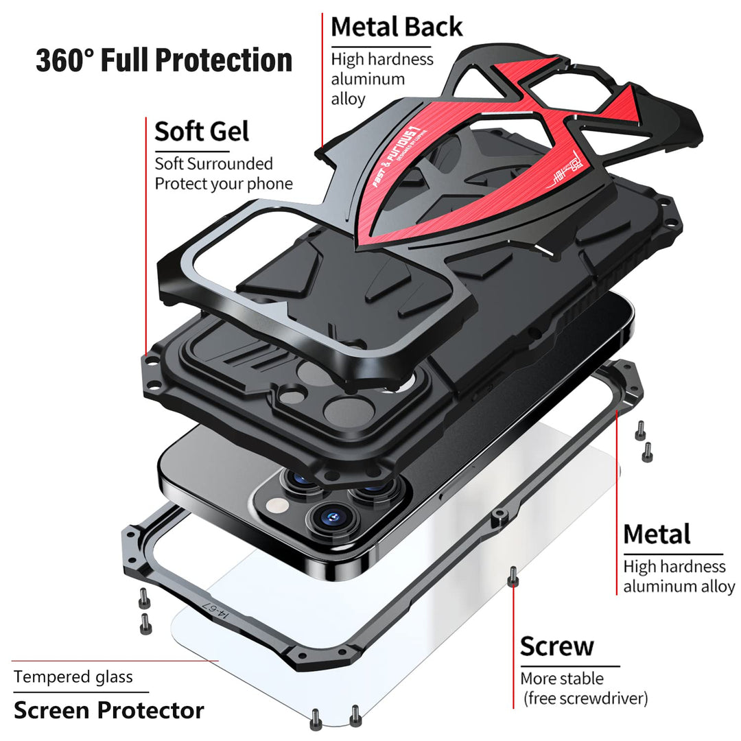 Armor Phone Case for iPhone 14 Pro Max Military Grade Cover 360 Full Protection Heavy Duty Hybrid Metal Bumper Built-in Silicone Shockproof with Screen Protector - Black + Red
