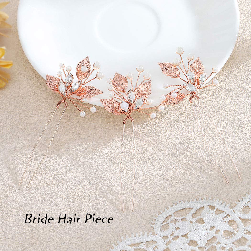 Bride Wedding Crystal Hair Pins Leaf Bridal Rose Gold Hair Pieces Wedding Pearl Hair Accessories for Women and Girls Pack of 3