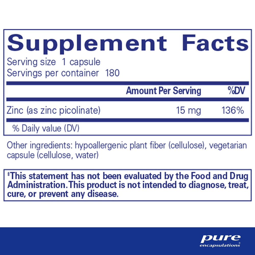 Zinc 15 mg - Zinc Picolinate Supplement for Immune System Support, Growth & Development - for Wound Healing - with Premium Zinc Picolinate - 180 Capsules