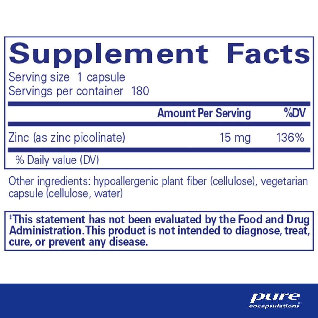 Zinc 15 mg - Zinc Picolinate Supplement for Immune System Support, Growth & Development - for Wound Healing - with Premium Zinc Picolinate - 180 Capsules