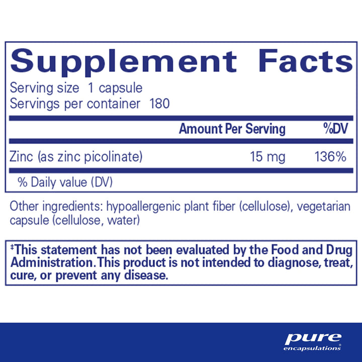 Zinc 15 mg - Zinc Picolinate Supplement for Immune System Support, Growth & Development - for Wound Healing - with Premium Zinc Picolinate - 180 Capsules