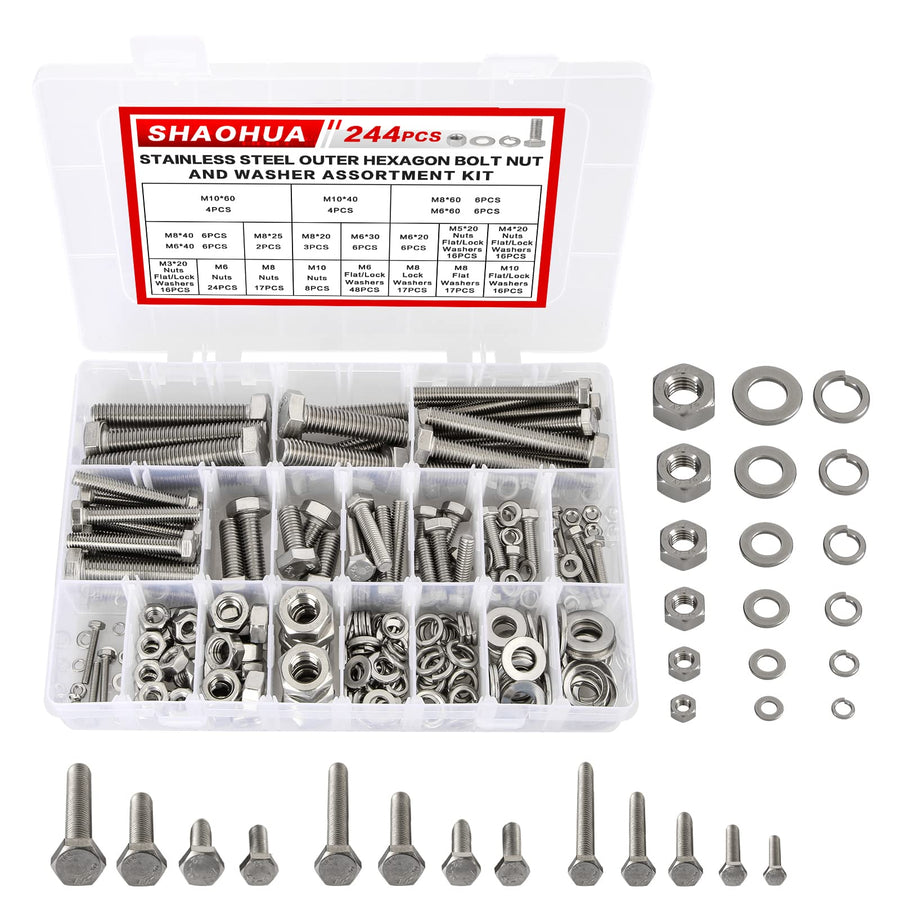 244PCS M3 M4 M5 M6 M8 M10 Nuts and Bolts Kit, Stainless Steel Flat Hex Head Screws Bolts Nuts, Lock and Flat Gasket Washers Assortment Kit, Metric Bolt Assortment