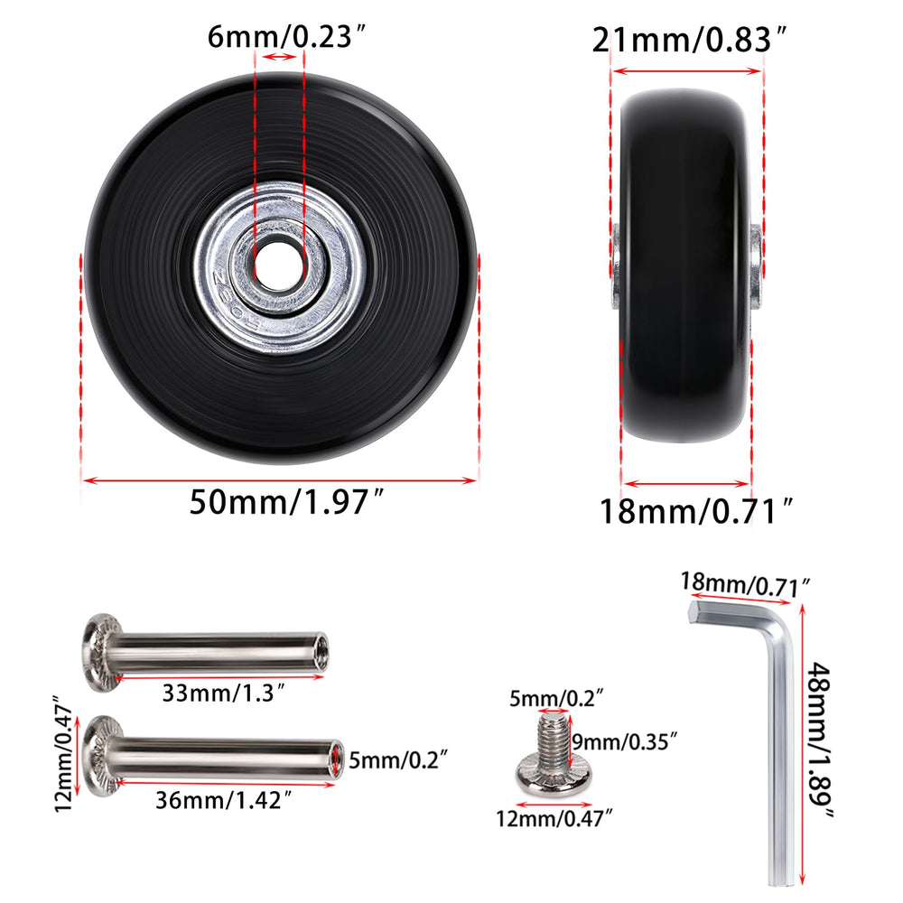 50mm x 18mm Set of 4 Luggage Suitcase Replacement Wheels, Rubber Swivel Caster Wheels Bearings Repair Kits (Black)