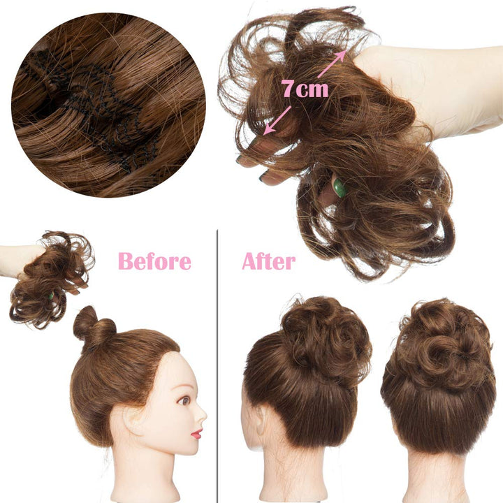 Human Hair Scrunchy Updo Messy Bun Hair Piece Wavy Curly Scrunchie Hair Bun with Elastic Rubber Band Top Knot Chignons for Women Wedding Party Hairpiece Medium Brown 1pc