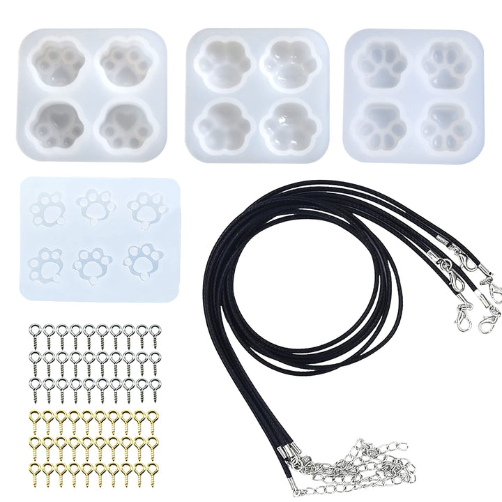 Cat Paw Silicone Resin Mould Set, 4 PCS Bear Claw Silicone Epoxy Resin Moulds, 10 PCS Black Wax Rope, 100 PCS Eye Screw Pins for Resin DIY, Pendant, Keychain