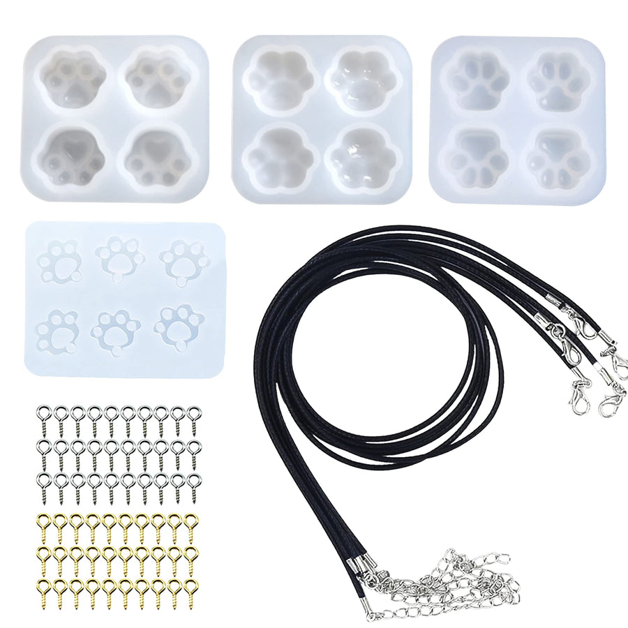 Cat Paw Silicone Resin Mould Set, 4 PCS Bear Claw Silicone Epoxy Resin Moulds, 10 PCS Black Wax Rope, 100 PCS Eye Screw Pins for Resin DIY, Pendant, Keychain
