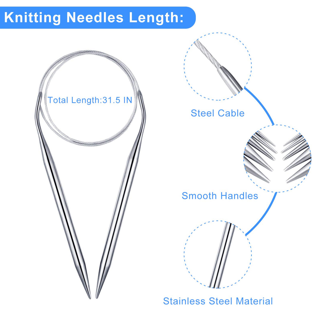 32 Pieces Circular Knitting Needles Kit,Included 12 Pieces 32 Inch Stainless Steel Crochet Yarn Needles and 20 Pieces Double Pointed Knitting Needles for Any Weave Yarn Project