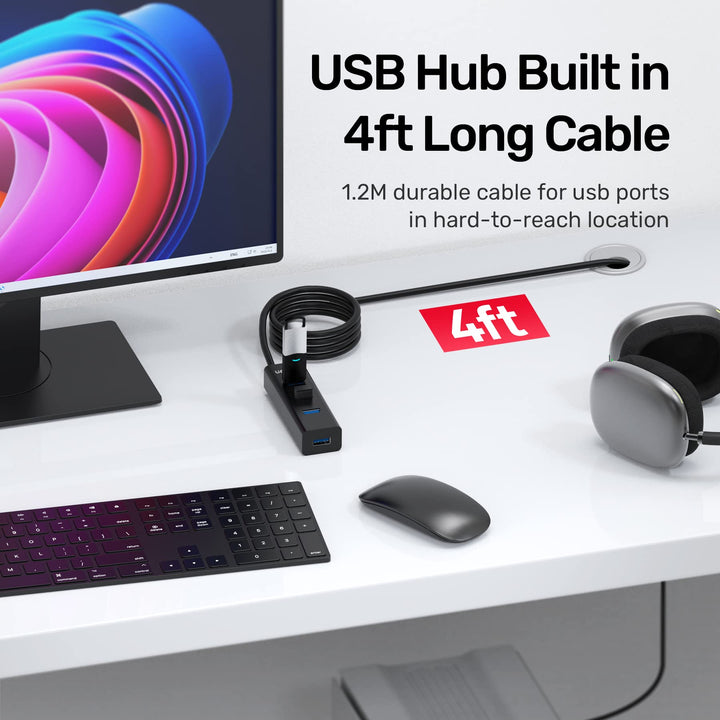 4-Port USB 3.0 Hub, 4 Ft Long Cable USB Extension Multiple Port Splitter with Micro USB Charging Port Compatible for Windows PC, Laptop,Flash Drive,Wireless Mouse Keyboard 1.2 M - Black