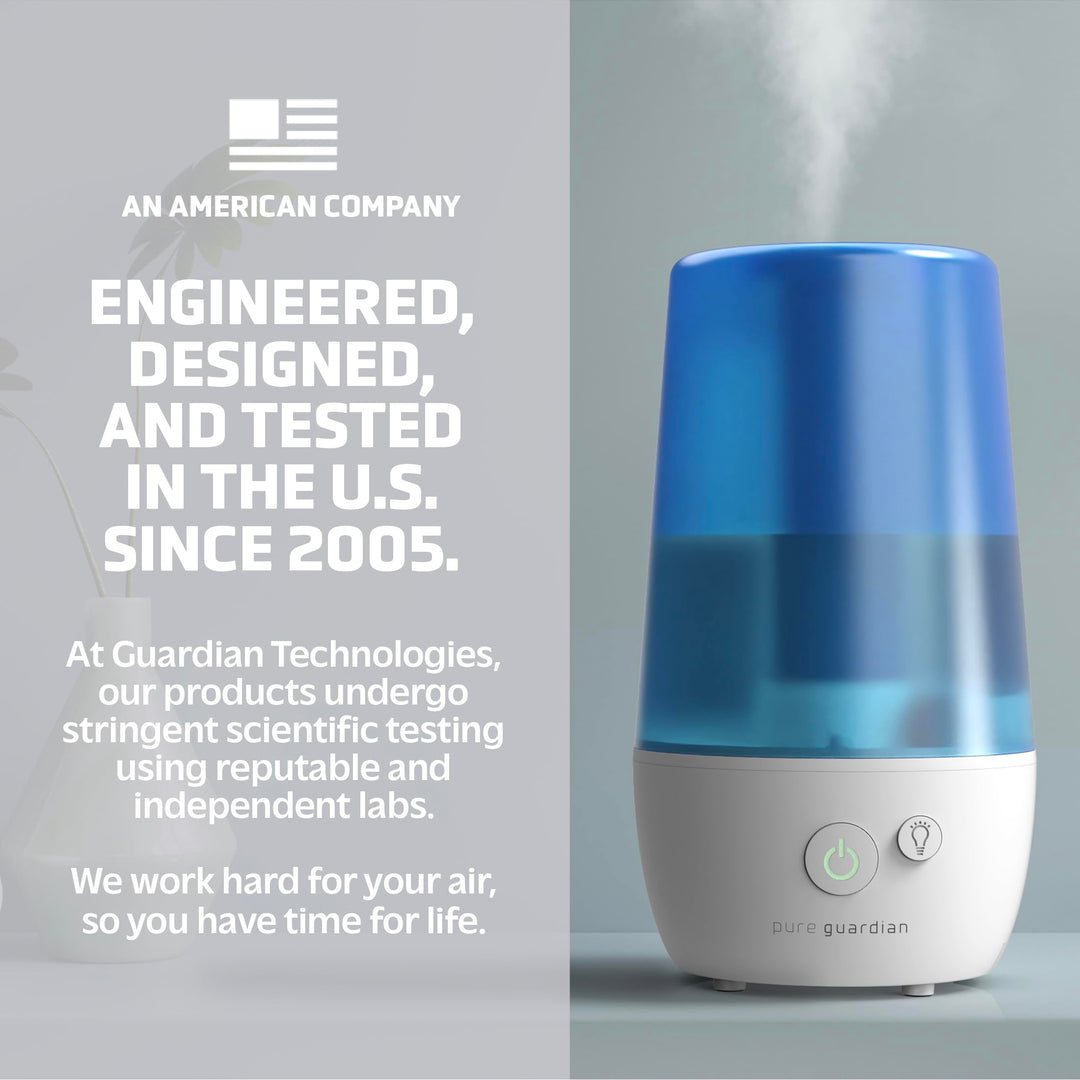 H965AR Ultrasonic Cool Mist Humidifier, 70 Hrs. Run Time, 1 Gal. Tank Capacity, 320 Sq. Ft. Coverage, Small Rooms, Filter Free, Silver Clean Treated Tank, Includes Essential Oil Tray