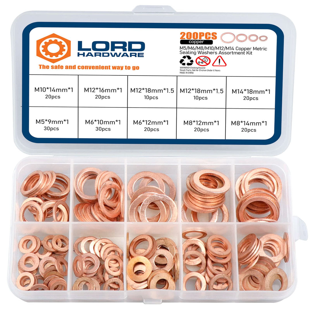 200pcs Copper Crush Metric Washers Assortment Kit Flat Sealing Washer M5 M6 M8 M10 M12 M14 (9 Sizes)