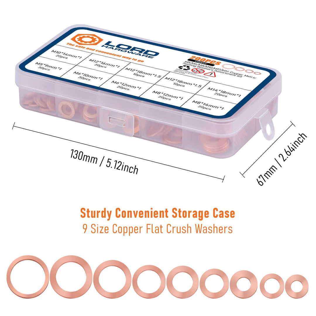200pcs Copper Crush Metric Washers Assortment Kit Flat Sealing Washer M5 M6 M8 M10 M12 M14 (9 Sizes)
