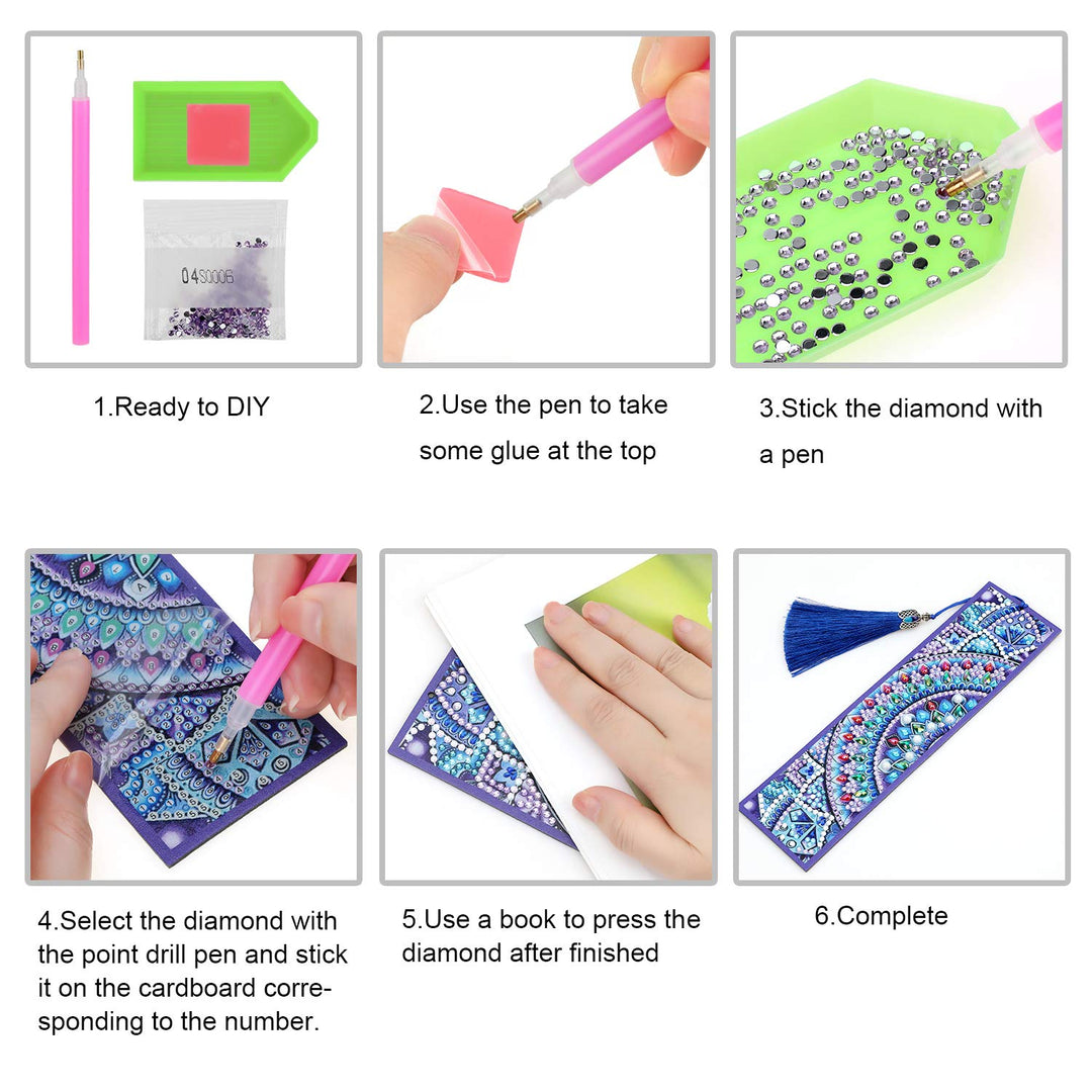 DIY Bookmark, 5D Diamond Art Painting Bookmark,Paint by Numbers Kit for Gift Making,Diamond Tassel Leather Bookmark for Adult Beginner-Mandala