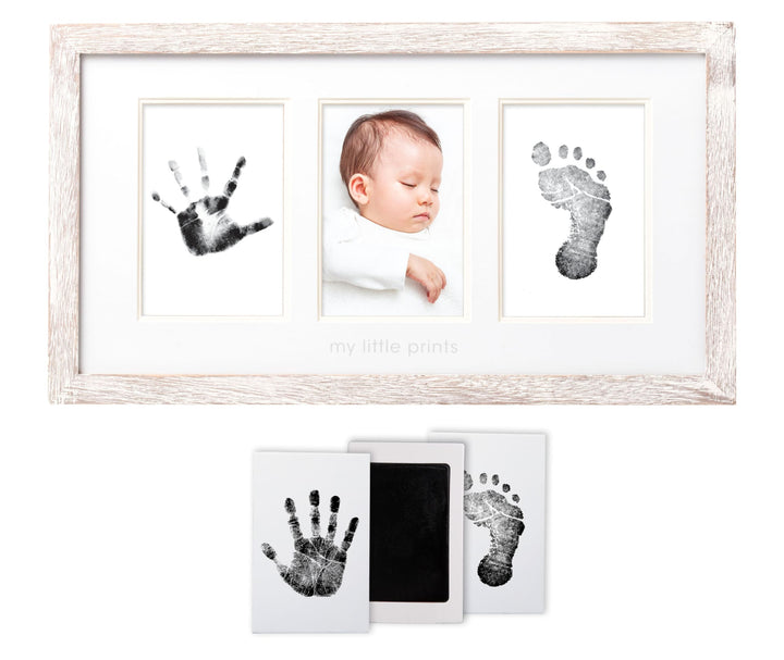 My Little Prints Newborn Handprint & Footprint Frame Kit - No Mess Clean Touch Ink Pad, Gender-Neutral Keepsake, Ideal Shower Gift, Nursery Decor, Distressed Wood