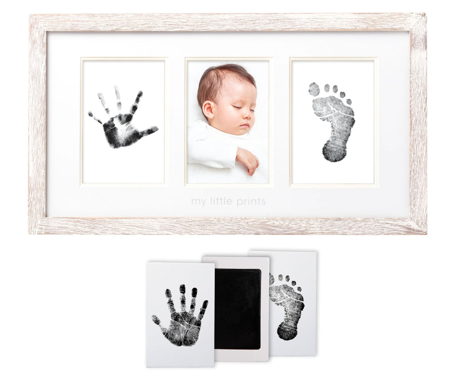 My Little Prints Newborn Handprint & Footprint Frame Kit - No Mess Clean Touch Ink Pad, Gender-Neutral Keepsake, Ideal Shower Gift, Nursery Decor, Distressed Wood