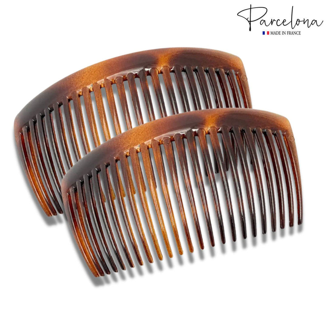 French Glossy 23 Teeth Large 4 1/4 Celluloid Acetate Set of 2 No Slip Grip Side Hair Combs for Women, Made in France (Tortoise Shell Brown)