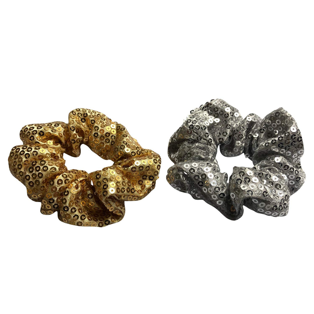 4 Pack Gold and Silver Metallic Sequin Elastic Hair Scrunchies Mermaid Bobbles Hair Ties Hair Rope Wrist Scrunchy Hair Bands for Show Party School Women Girls