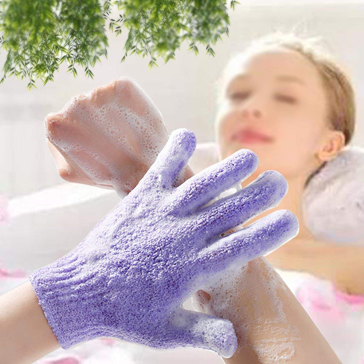 Exfoliating Bath Loofah Gloves Body Scrub Wash Mitts Skin Massage Sponge Towel Deep Cleansing Dead Skin Brush Scrub Luxury Spa Heavy with Lanyard Scrubber 2 Pair (deep Purple)