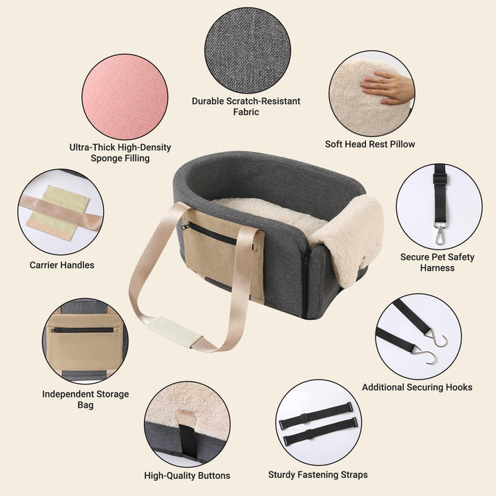 Portable Console - Dog Cat Booster Seat on Car Armrest, Washable Safety Tethers