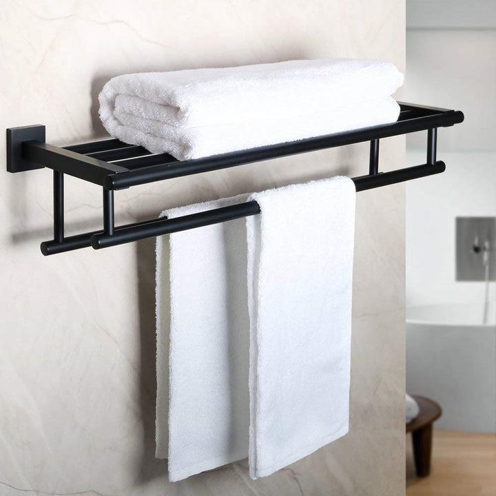 Towel Rack for Bathroom and Lavatory,24 Inch Tower Holder Towel Hanger with Double Towel Bars for Bath Wall,Wall Mount SUS304 Stainless Steel Tower Shelf Matte Black,GZ8000-B