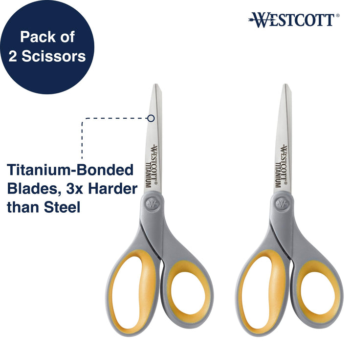 13901 8-Inch Titanium Scissors For Office and Home, Yellow/Gray, 2 Pack