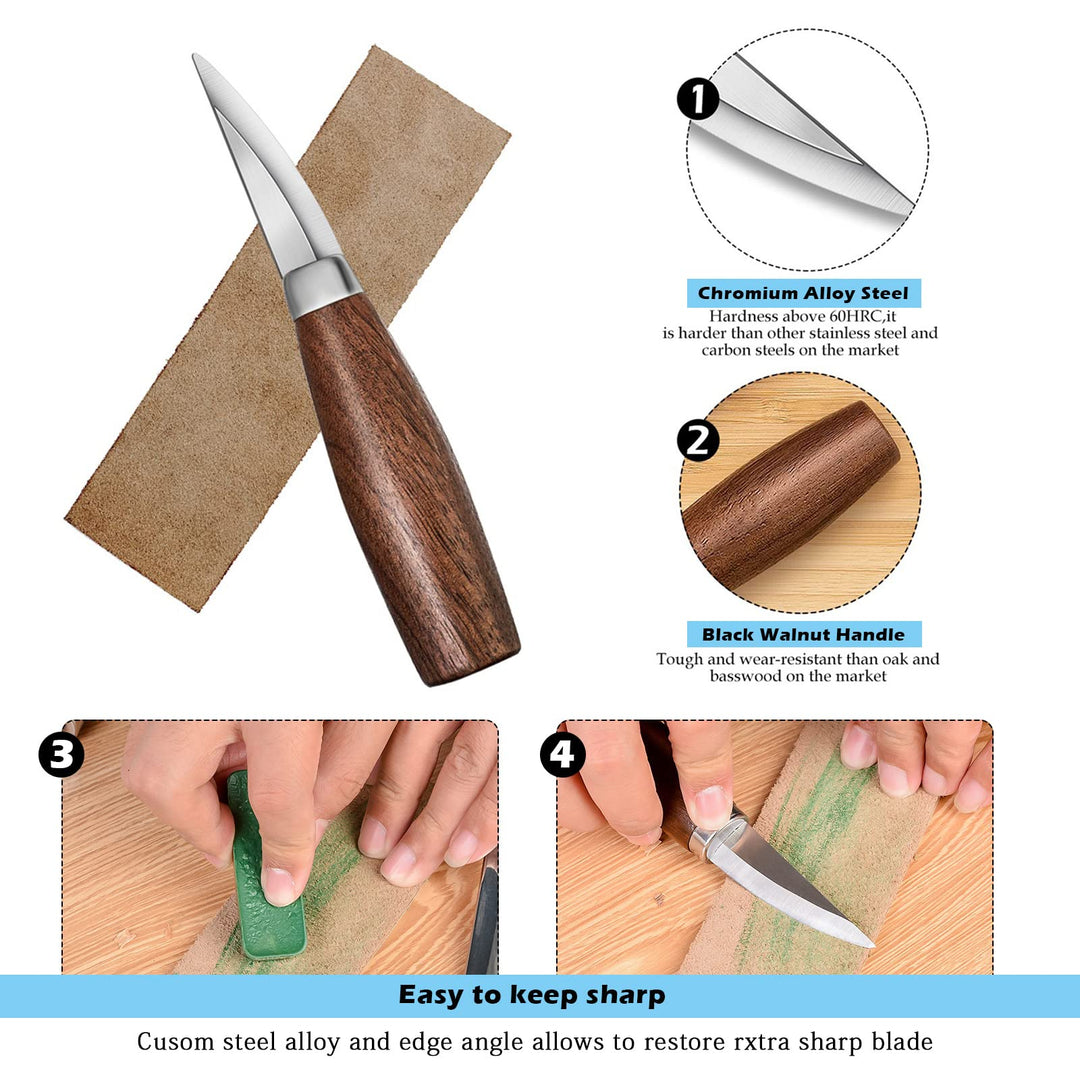 Wood Carving Tools Set,Detail and Hook Carving Knife Kit for Beginners,Trimming Knife for Spoon Bowl Cup Woodwork,Round handle design and 6pcs SK2 Carbon Steel Wood Carving Knives(10pcs)