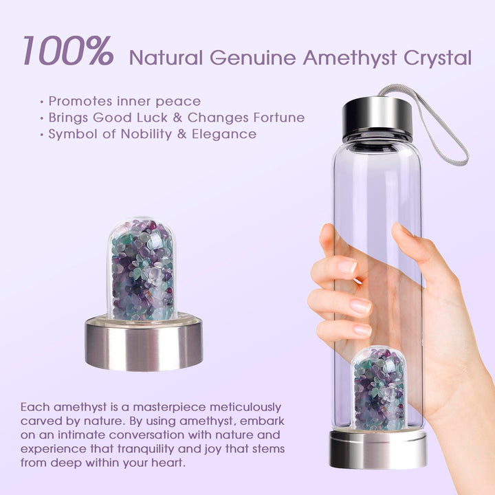 Crystal Water Bottle - Quartz Glass Water Bottle with Changeable Natural Crystal Center,Loose Natural Gem Leaf Tea Infuser Bottle, Gemstone Elixir Infused Glass Water Bottle with Sleeve Protective