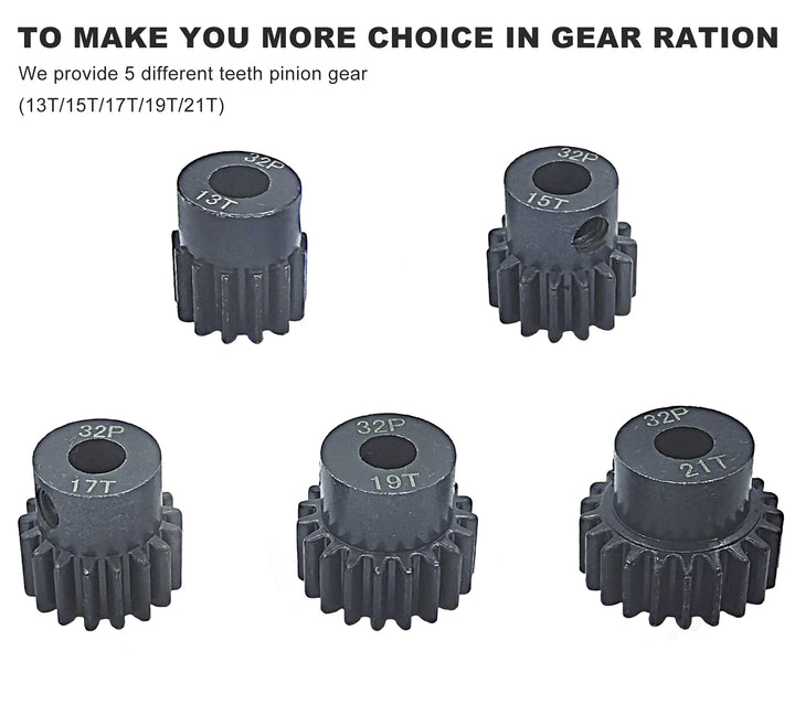 32P 5mm Hardened Metal Pinion Motor Gear Set 13T 15T 17T 19T 21T with 3.175mm Coupler for RC Buggy Car Monster Truck
