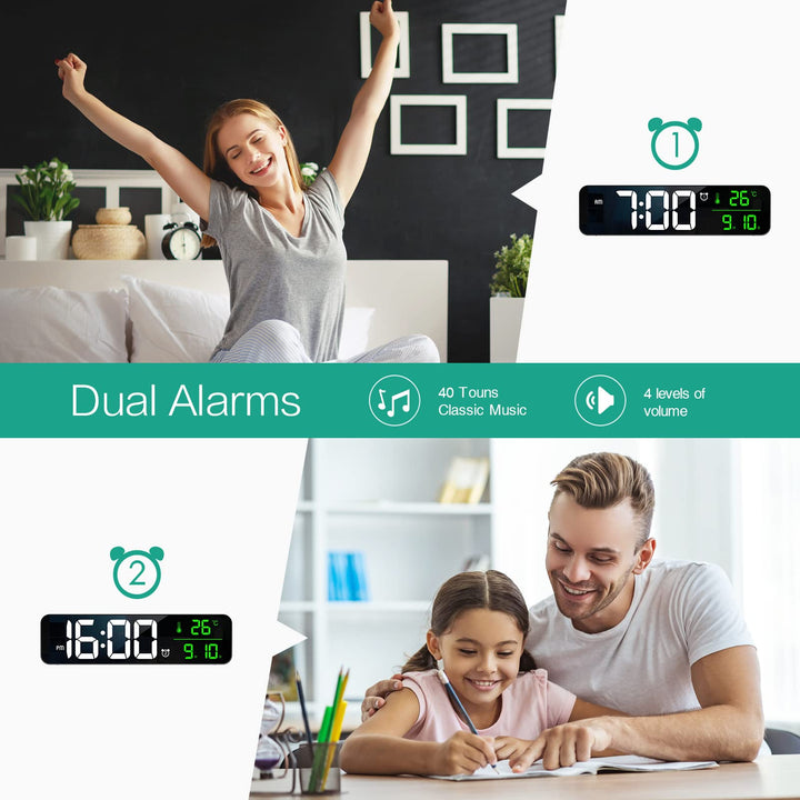 Digital Wall Clock, 10.5'' Large Display Wall Clock for Bedroom, LED Electronic Clock with Temp & Date Display, 40 Tones, 2 Alarms, 4 Volume, 6 Brightness Dimmer