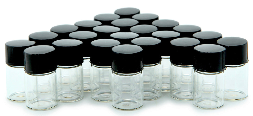 , 24, Clear, 1 ml (1/4 Dram) Glass Bottles, with Orifice Reducers and Black Caps