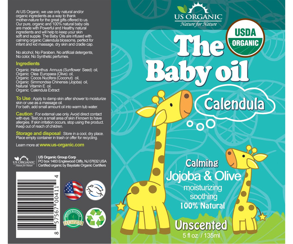 Baby Oil with Calendula, Jojoba, and Olive Oil with Vitamin E, USDA Certified Organic, No Alcohol, Paraben, Artificial Detergents, Color, Synthetic Perfumes, 5 fl. Oz (Pure Unscented)