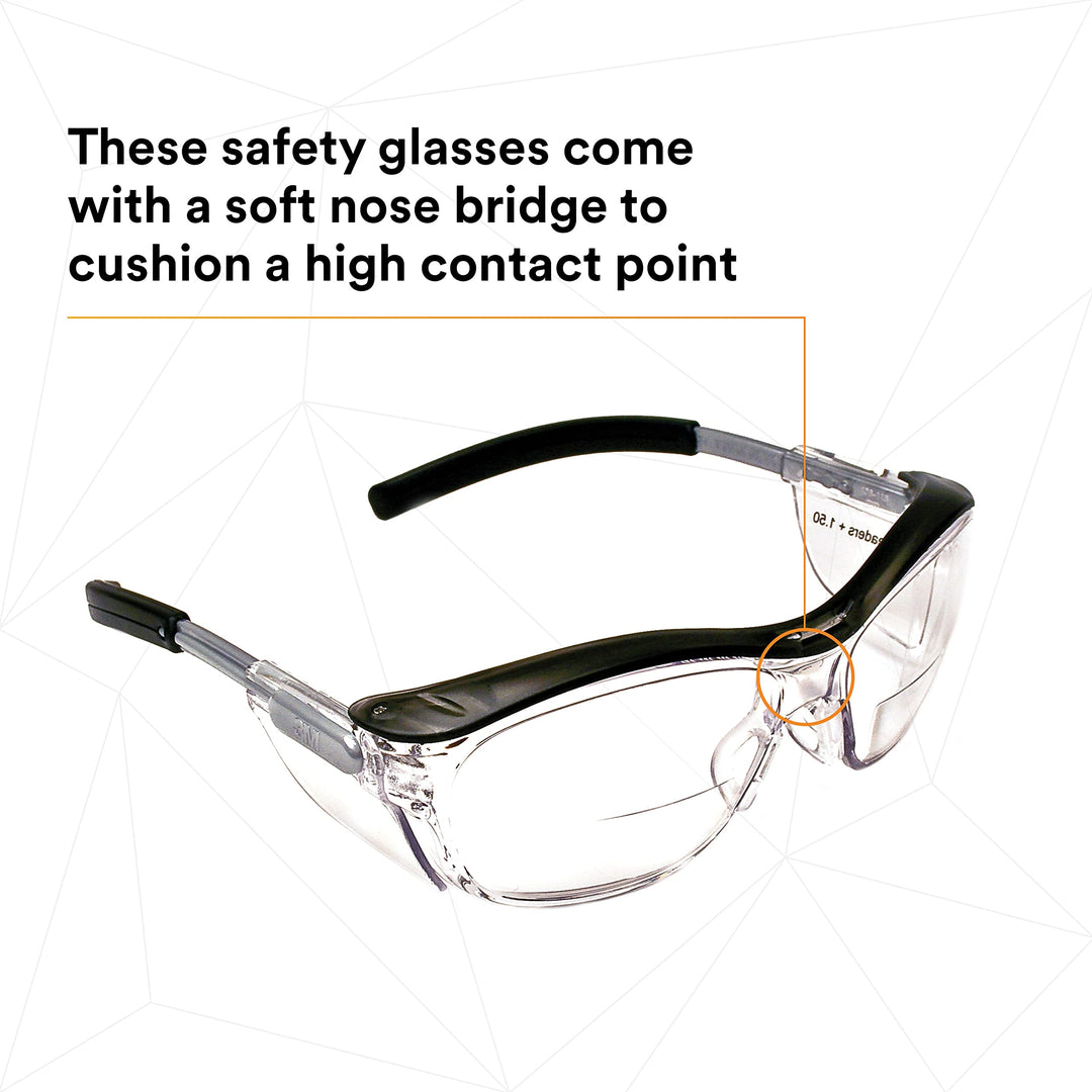 Safety Glasses with Readers, Nuvo Protective Eyewear, +1.5 Diopter, ANSI Z87, Clear Lens, Retro Gray Frame, Soft Nose Bridge, Side Shields