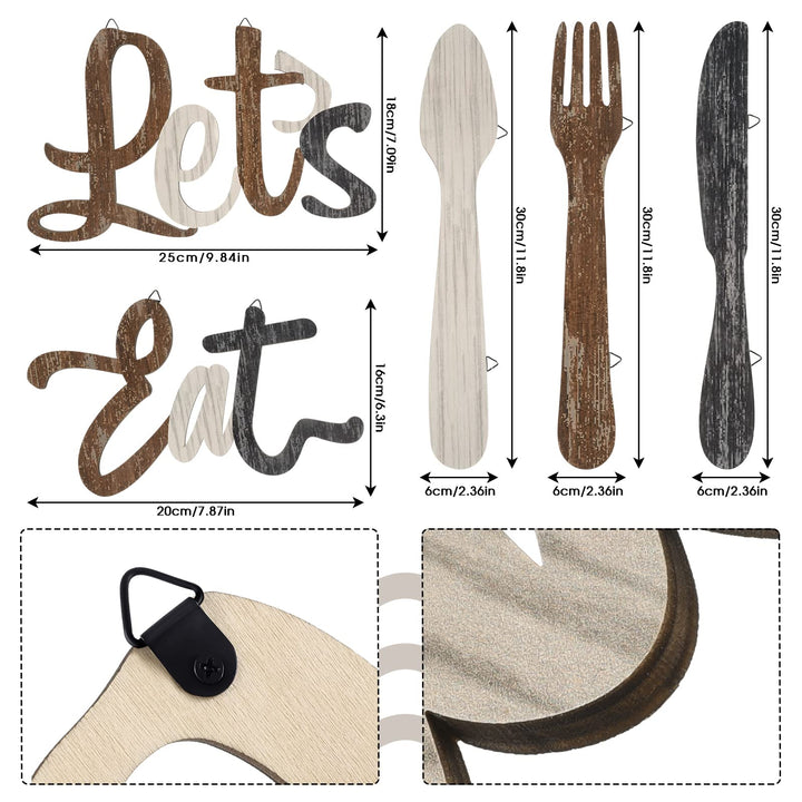 5 Pcs Let's Eat Sign Kitchen Wall Decor Fork Spoon Knife Kitchen Decor Sign Rustic Farmhouse Wooden Eat Sign for Kitchen Home Dining Room Bar Cafe Restaurant(Brown, Beige, Dark Gray)