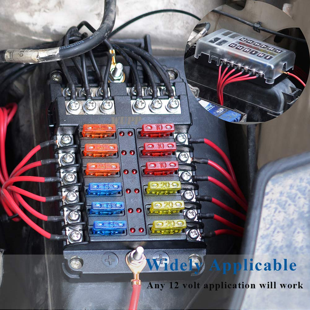 Boat Marine Fuse Block Panel with LED Warning Indicator Damp-Proof Cover - 12 Circuits with Negative Bus Fuse Box Holder Screw for Car Marine RV Truck DC 12-24V, Fuses Included