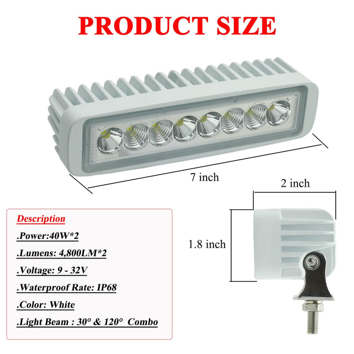 Waterproof Led Boat Lights, 6.5inch White Spreader and Deck Marine Lights, 2 pc 80W 7200LMS 30° & 90° Combo LED Flood Light, 12/24V Mini Led Light Bar for Boat Truck Off Road
