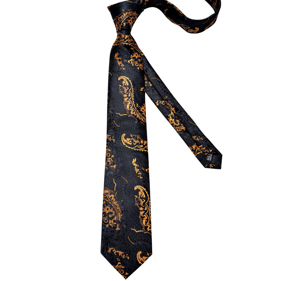 Mens Tie Set Silk Solid Paisley Necktie and Pocket Square Cufflinks Classic Formal Ties for Men Wedding Party, Black Gold